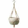 Vaso sospeso 20 cm in ceramica beige e verde con corda intrecciata per piante da interno