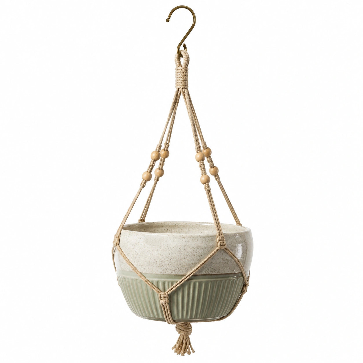 Vaso sospeso 20 cm in ceramica beige e verde con corda intrecciata per piante da interno