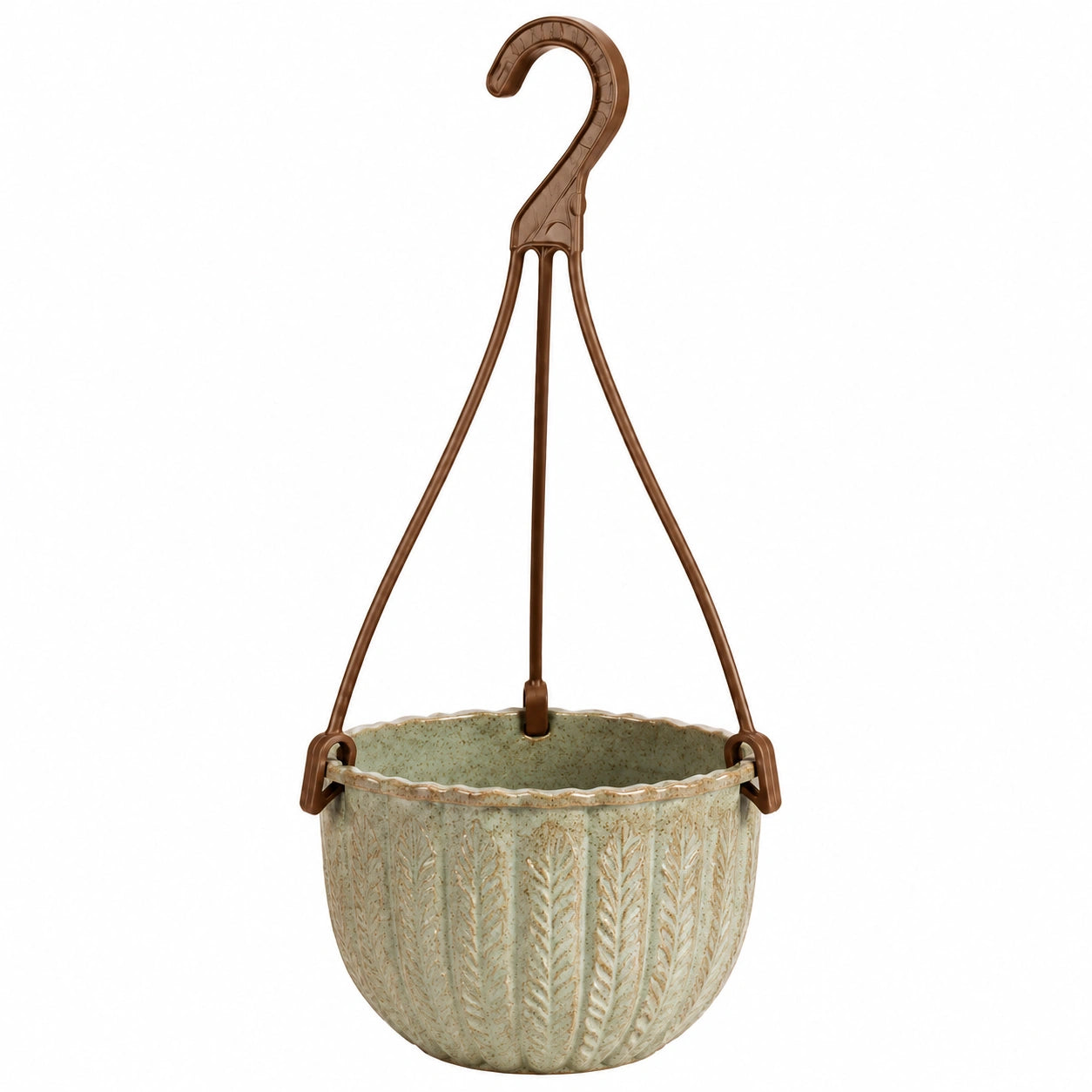 Vaso sospeso Ø25 cm in ceramica verde con gancio marrone per piante