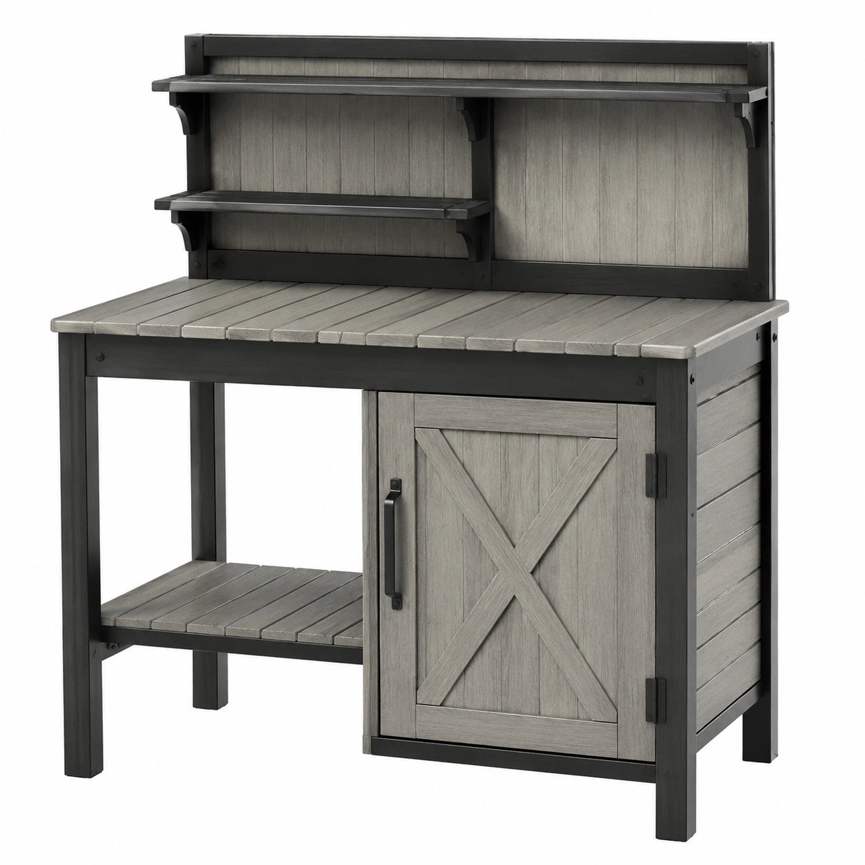 Tavolo da giardinaggio 112 x 54 x 168 cm in legno grigio e nero con ripiani e armadietto