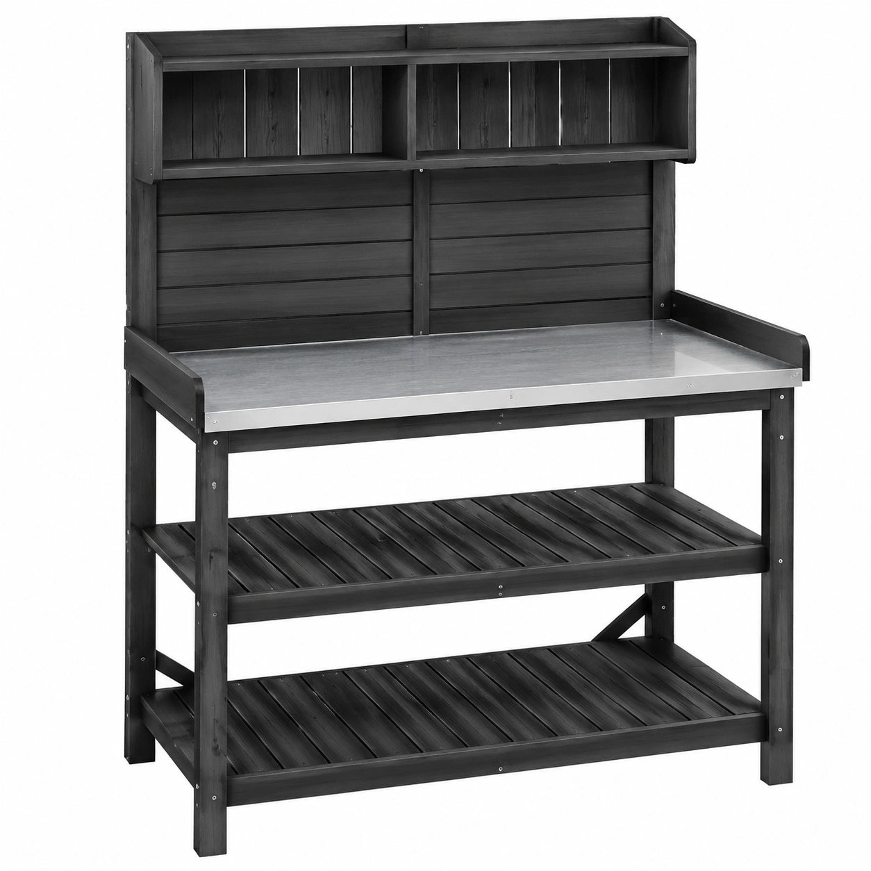 Tavolo da giardinaggio 120 x 60 x 165 cm in legno nero con piano zincato e ripiani