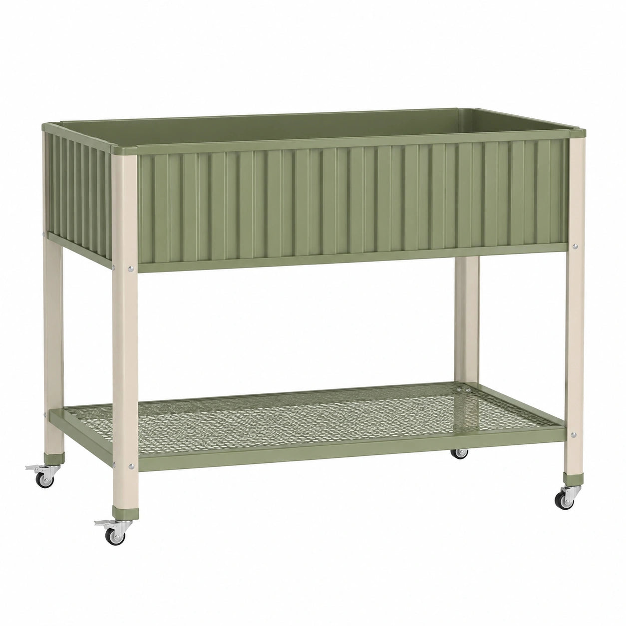 Fioriera rialzata 100 x 50 x 90 cm in metallo verde con ruote e ripiano
