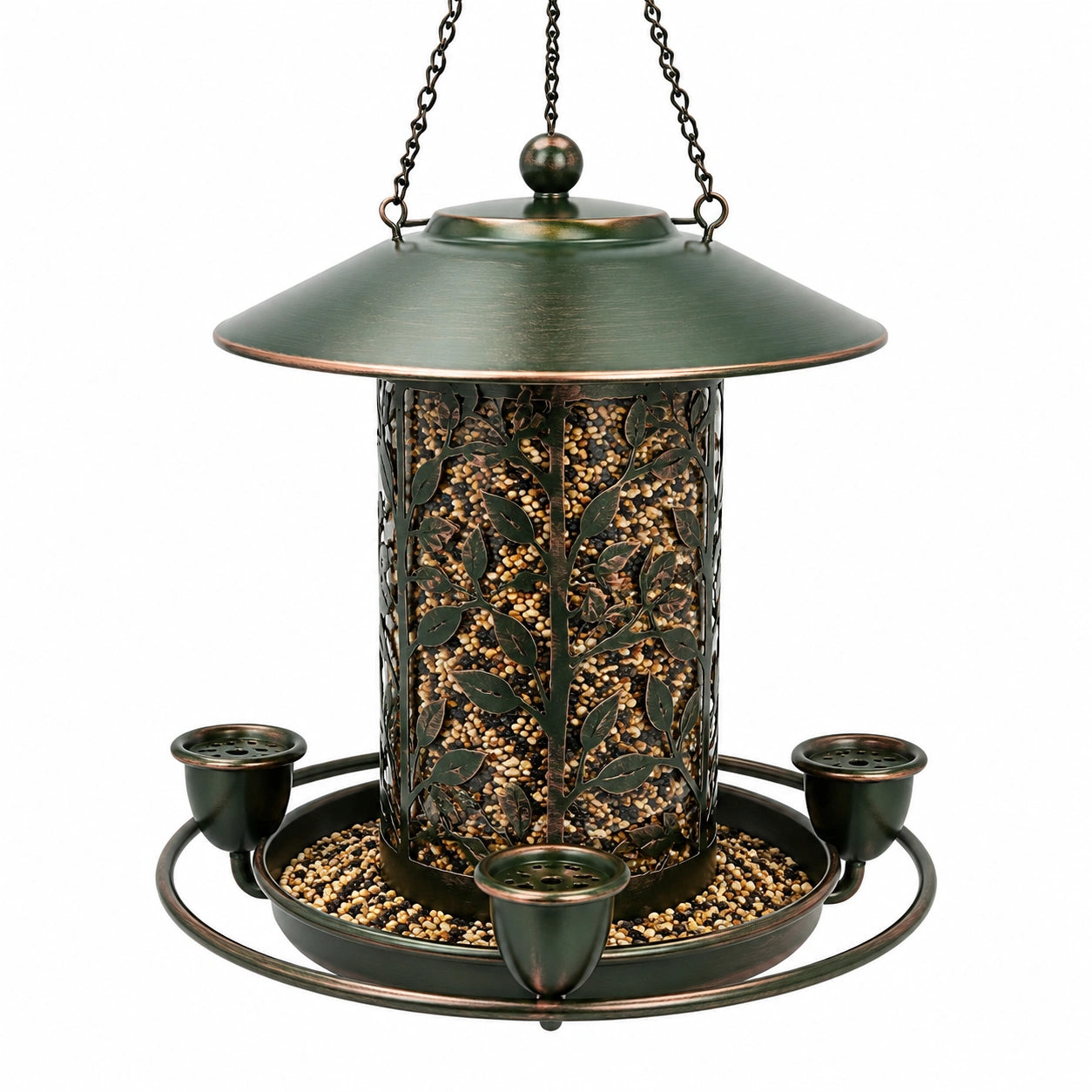 Mangiatoia per uccelli sospesa Ø 30 cm in metallo verde bronzo con tetto protettivo stile decorativo
